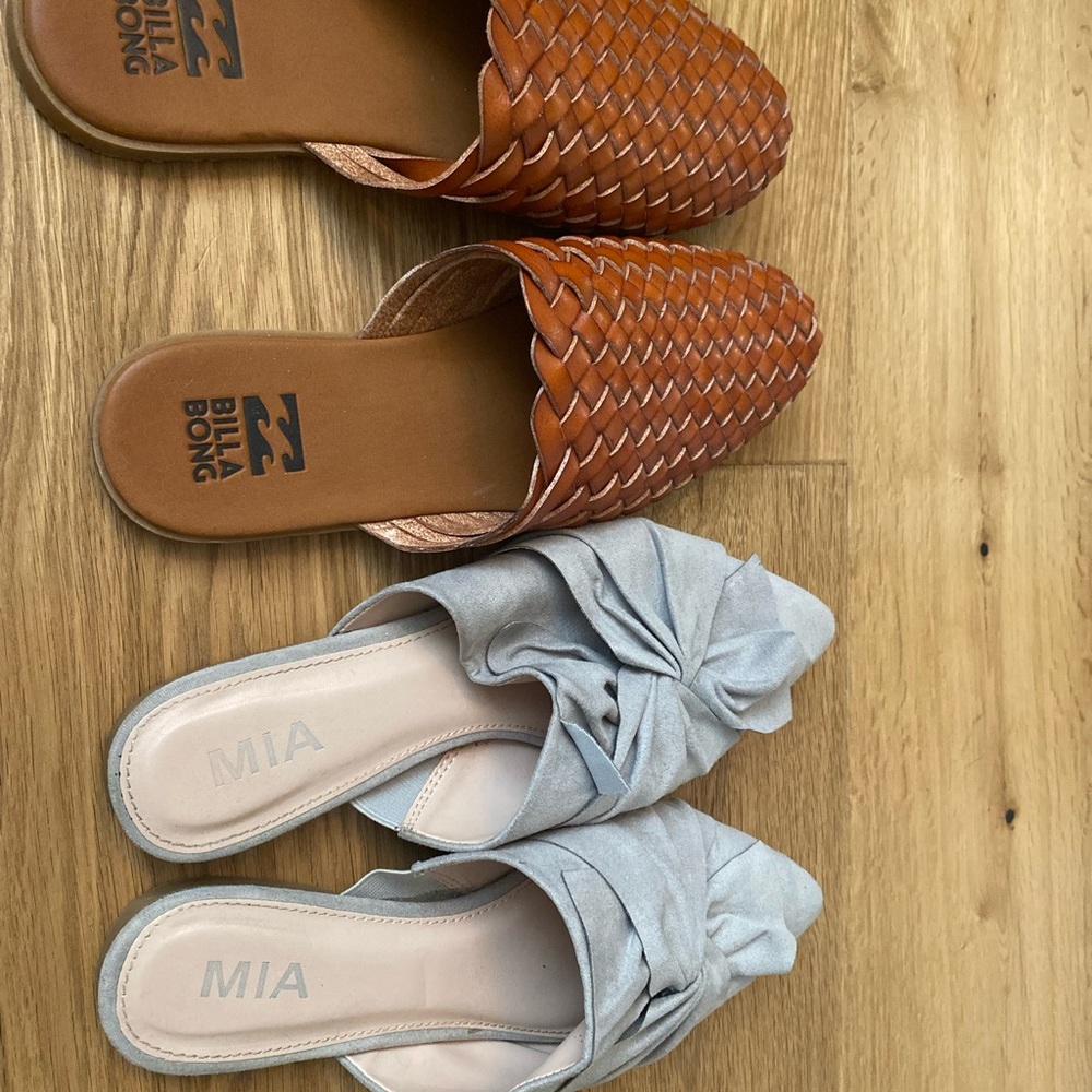 Set of two mules. Billabong and Mia. One EUC never worn and one GUC. Sz 9